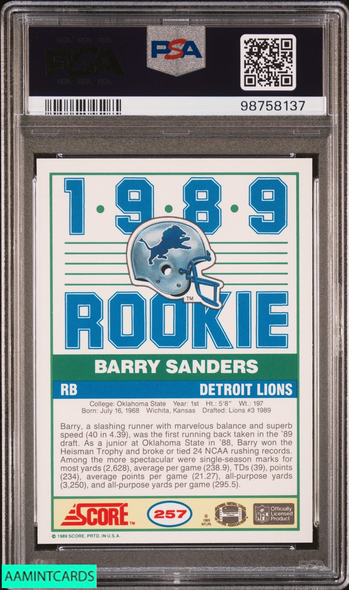 1989 SCORE BARRY SANDERS #257 ROOKIE RC DETROIT LIONS HOF PSA 9 MINT 98758137
