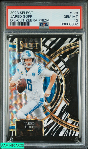 2023 PANINI SELECT JARED GOFF #178 DIE-CUT ZEBRA PRIZM LIONS PSA 10 GEM MT 98680032
