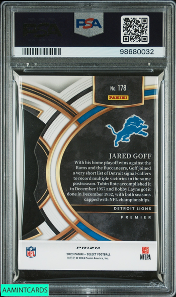 2023 PANINI SELECT JARED GOFF #178 DIE-CUT ZEBRA PRIZM LIONS PSA 10 GEM MT 98680032