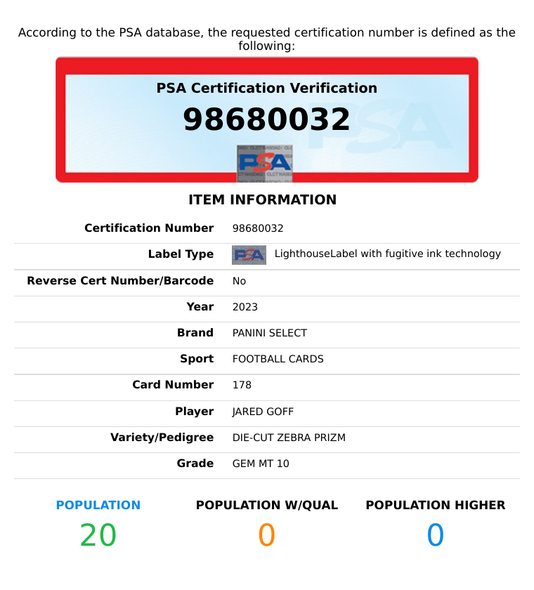 2023 PANINI SELECT JARED GOFF #178 DIE-CUT ZEBRA PRIZM LIONS PSA 10 GEM MT 98680032