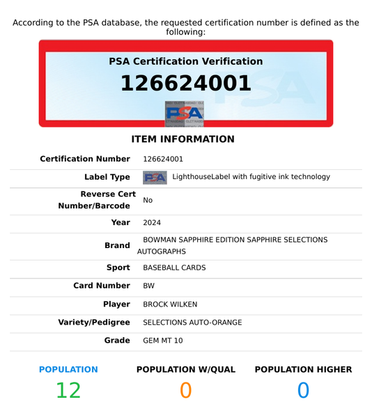 2024 BOWMAN SAPPHIRE SELECTIONS AUTO BROCK WILKEN #BW ORANGE 25 OF 25 RC PSA 10 126624001
