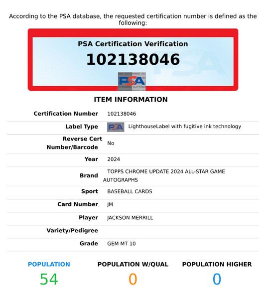 2024 TOPPS CHROME UPDATE 2024 ALL-STAR GAME AUTO JACKSON MERRILL #JM RC PSA 10 102138046