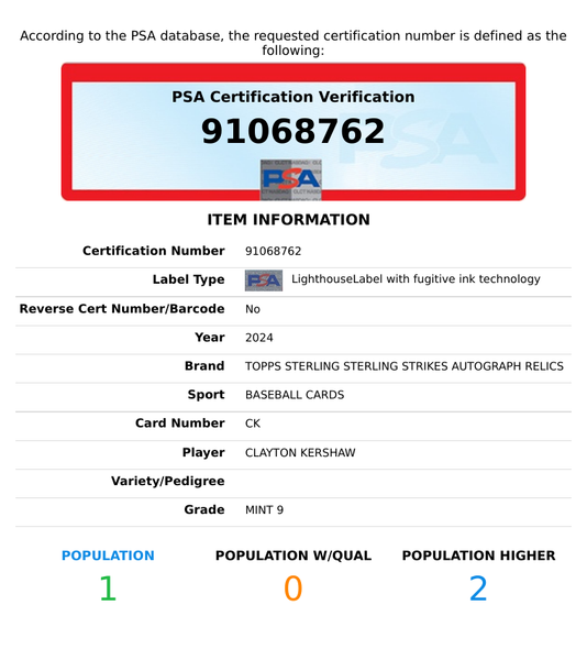 2024 TOPPS STERLING CLAYTON KERSHAW STERLING STRIKES AUTO RELIC 1 OF 25 PSA 9 91068762