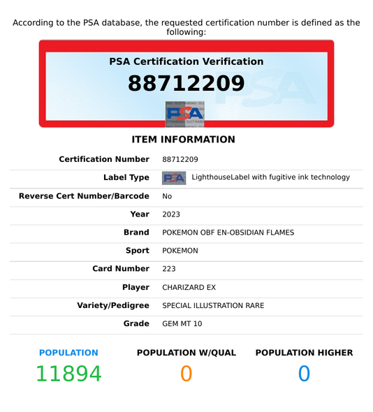 2023 POKEMON OBF EN-OBSIDIAN FLAMES CHARIZARD EX #223 SIR PSA 10 GEM MT 88712209