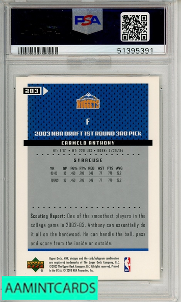 2003 UPPER DECK MVP CARMELO ANTHONY #203 PSA GOLD 10 GEM MT 51395391