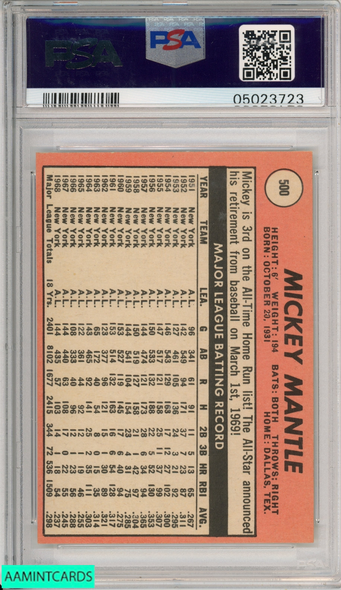1969 TOPPS MICKEY MANTLE #500 LAST NAME IN YELLOW YANKEES HOF PSA 9 MINT 05023723