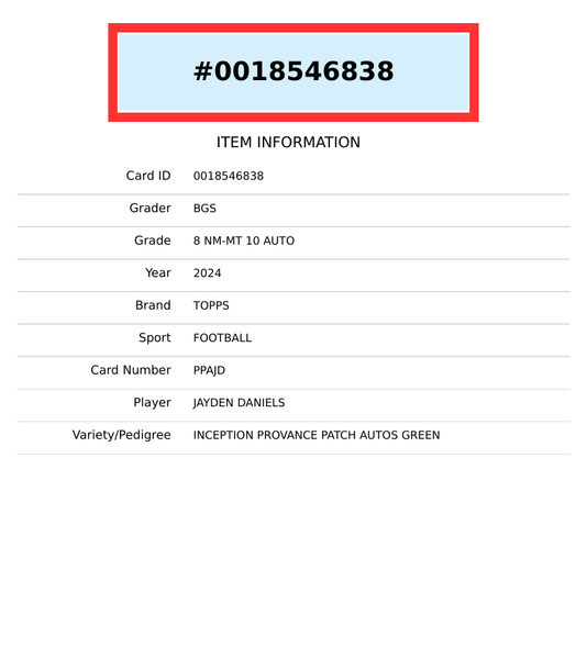 2024 TOPPS INCEPTION PROVANCE PATCH GREEN JAYDEN DANIELS #PPAJD BGS 8 AUTO 10 RC 0018546838