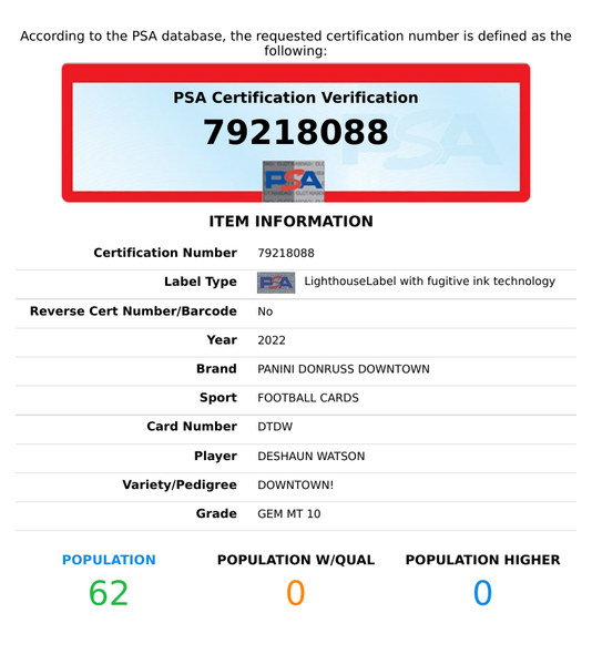 2022 PANINI DONRUSS DOWNTOWN DESHAUN WATSON #DTDW BROWNS PSA 10 GEM MT 79218088