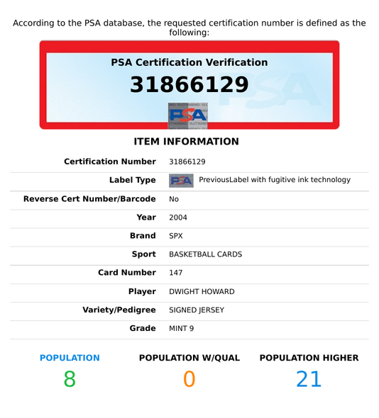 2004 SPX DWIGHT HOWARD #147 SIGNED JERSEY 189 OF 750 ROOKIE RC MAGIC PSA 9 MINT 31866129