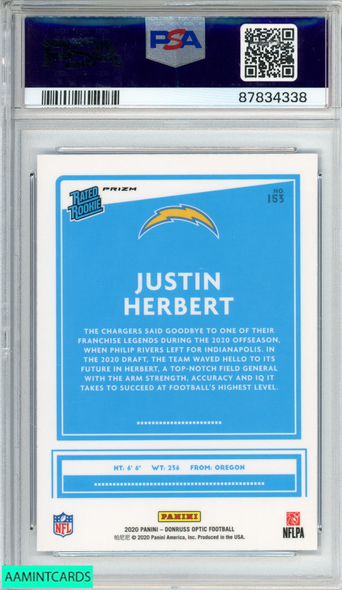 2020 PANINI DONRUSS OPTIC JUSTIN HERBERT #153 BLUE HYPER ROOKIE RC PSA 10 GEM MT 87834338