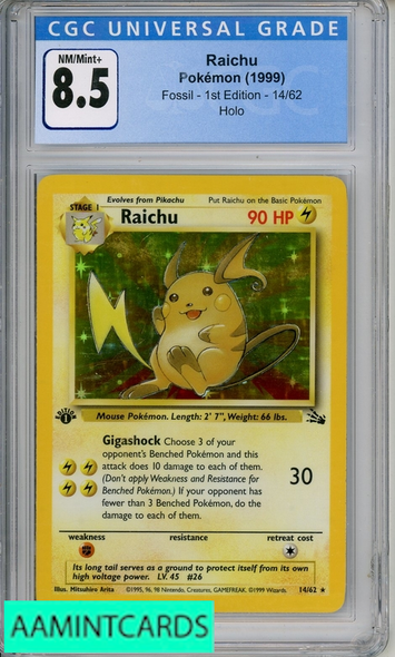 1999 POKEMON FOSSIL 1ST EDITION HOLO RAICHU #14 CGC 8.5 3786284071