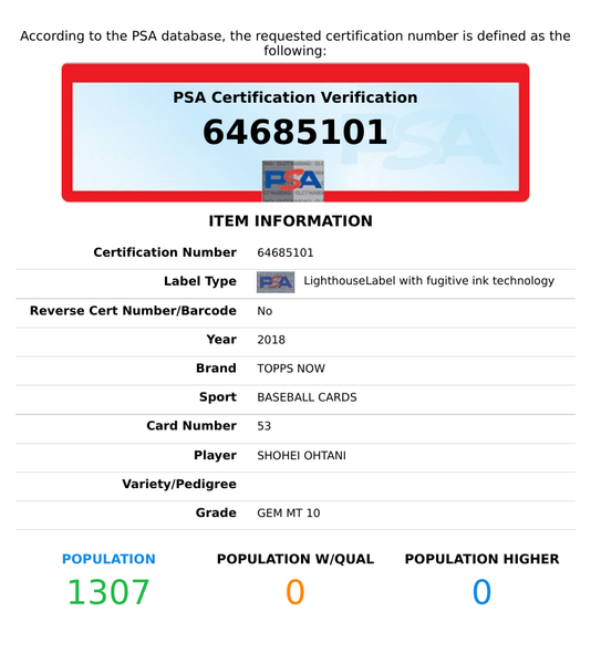 2018 TOPPS NOW SHOHEI OHTANI #53 ROOKIE RC ANGELS PSA 10 GEM MT 64685101