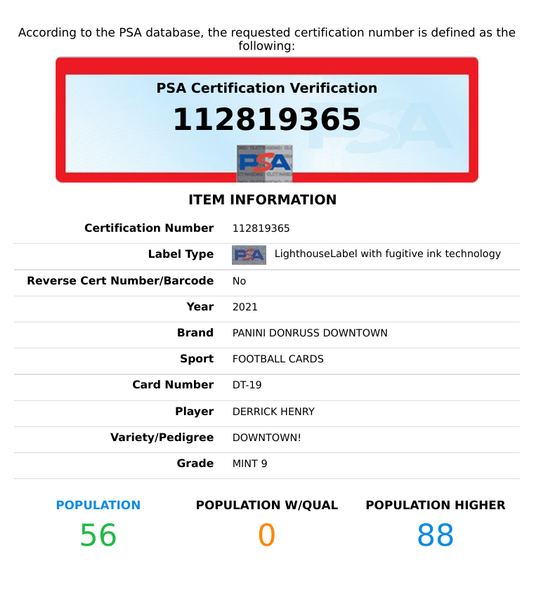 2021 PANINI DONRUSS DOWNTOWN DERRICK HENRY #DT-19 TITANS PSA 9 MINT 112819365