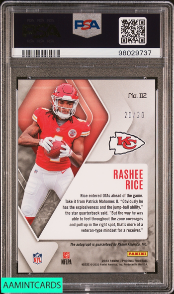 2023 PANINI PHOENIX RASHEE RICE #112 AUTOGRAPH ORANGE 20 OF 20 ROOKIE RC PSA 9 98029737