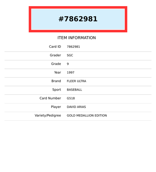 1997 FLEER ULTRA DAVID ARIAS #G518 SGC 9 GOLD MEDALLION 7862981