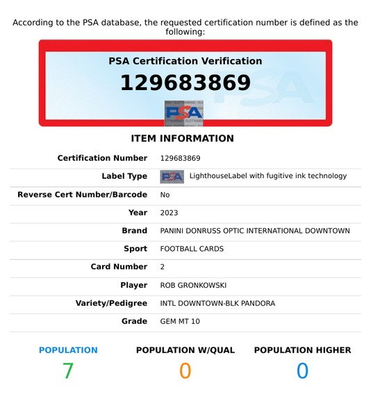 2023 DONRUSS OPTIC INTL DOWNTOWN ROB GRONKOWSKI #2 BLACK PANDORA 15 OF 25 PSA 10 129683869