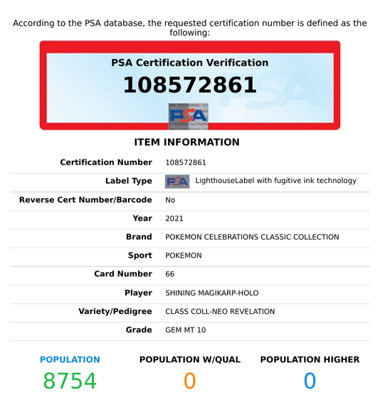 2021 PKMN CELEB CLASS COLL SHINING MAGIKARP-HOLO #66 NEO REV PSA 10 108572861