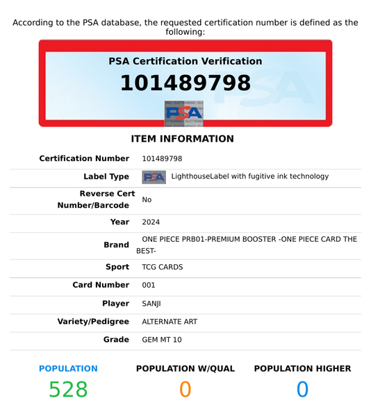 2024 ONE PIECE PRB01-PREMIUM BOOSTER THE BEST- SANJI #001 ALTERNATE ART PSA 10 101489798