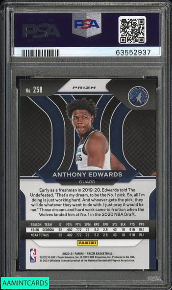 2020 PANINI PRIZM ANTHONY EDWARDS #258 SILVER PRIZM ROOKIE RC PSA 9 MINT 63552937
