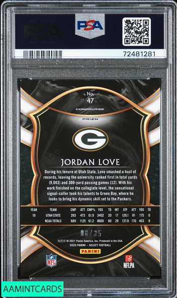 2020 PANINI SELECT JORDAN LOVE #47 WHITE PRIZM 8 OF 35 ROOKIE RC PSA 9 MINT 72481281