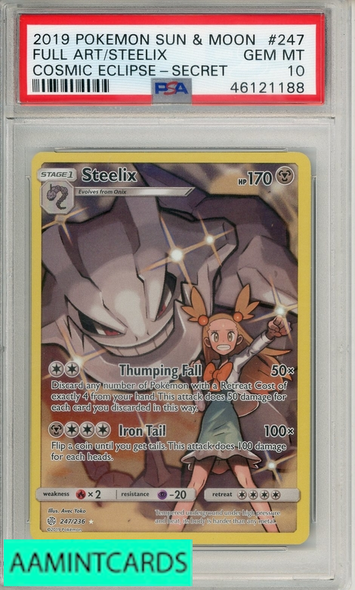 2019 POKEMON SUN MOON COSMIC ECLIPSE FA STEELIX #247 SECRET PSA 10 GEM MT 46121188