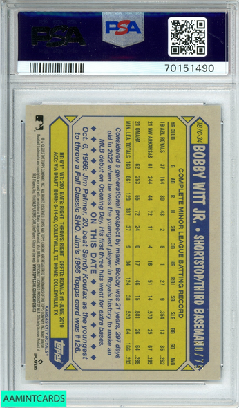 2022 TOPPS SILVER PK BOBBY WITT JR  #T87C34 UPDATE-PURPLE REF OF 75 RC PSA 10 70151490