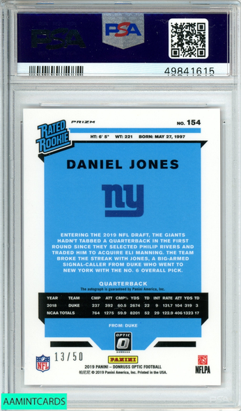 2019 PANINI DONRUSS OPTIC DANIEL JONES #154 AUTO-RED 13 OF 50 RC PSA 9 AUTO 9 49841615