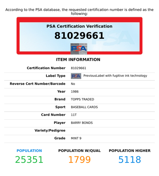 1986 TOPPS TRADED BARRY BONDS #11T PSA 9 MINT  RC 81029661