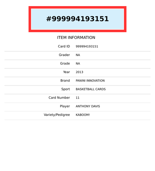 2013 PANNINI INNOVATION KABOOM! ANTHONY DAVIS #11 999994193151