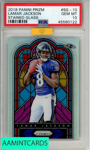 2018 PANINI PRIZM STAINED GLASS LAMAR JACKSON #SG-10 PSA 10 GOLD DIAMOND RC 45560122