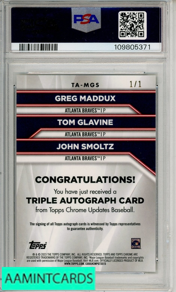 2023 TOPPS CHR UPD TRIP AUTOS MADDUX GLAVINE SMOLTZ #MGS SUPERF PSA 10 AUTO 10 109805371