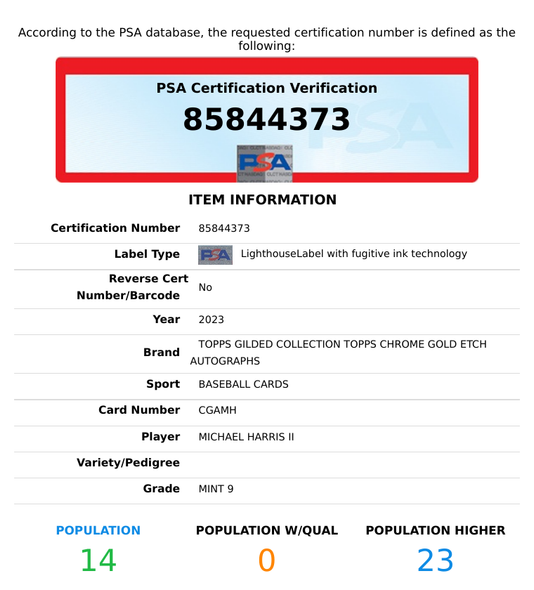 2023 TOPPS GILDED COLL CHROME GOLD ETCH AUTO MICHAEL HARRIS II #CGAMH PSA 9 85844373