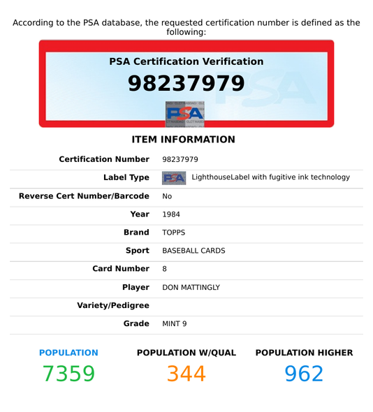 1984 TOPPS DON MATTINGLY #8 PSA 9 MINT RC 98237979