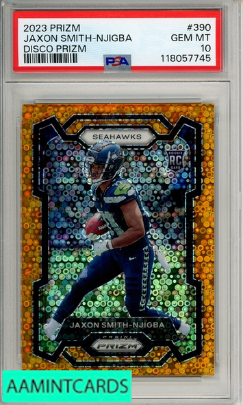 2023 PANINI PRIZM JAXON SMITH-NJIGBA #390 DISCO PRIZM PSA 10 GEM MT RC 118057745