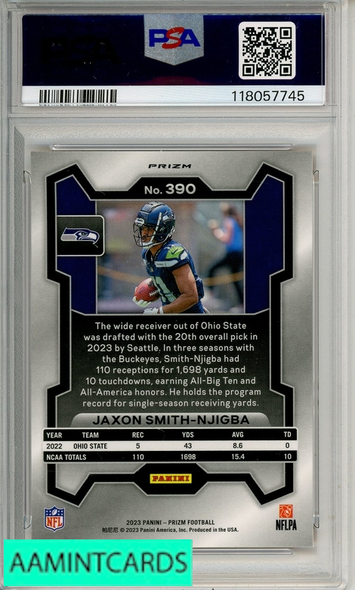 2023 PANINI PRIZM JAXON SMITH-NJIGBA #390 DISCO PRIZM PSA 10 GEM MT RC 118057745