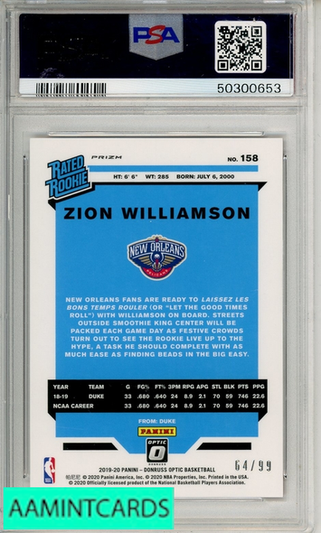 2019 PANINI DONRUSS OPTIC ZION WILLIAMSON #158 RED PSA 10 GEM MT RC 50300653