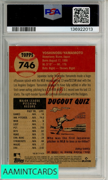 2024 TOPPS LIVING YOSHINOBU YAMAMOTO #746 PSA 9 MINT  RC 136922013