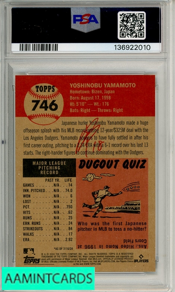 2024 TOPPS LIVING YOSHINOBU YAMAMOTO #746 PSA 10 GEM MT RC 136922010