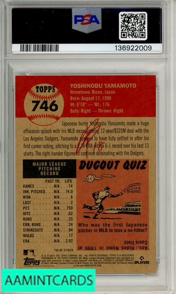2024 TOPPS LIVING YOSHINOBU YAMAMOTO #746 PSA 10 GEM MT  RC 136922009