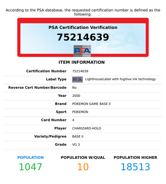 2000 POKEMON GAME BASE II CHARIZARD-HOLO #4 BASE II PSA 3 VG 75214639