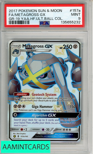 2017 PKMN SUN MOON GD RIS FA METAGROSS GX #157A GR-19 YAA HF ULT BALL COL PSA 9 135655232