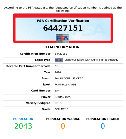 2020 PANINI DONRUSS OPTIC JORDAN LOVE #154 HOLO ROOKIE RC PSA 10 GEM MT 64427151