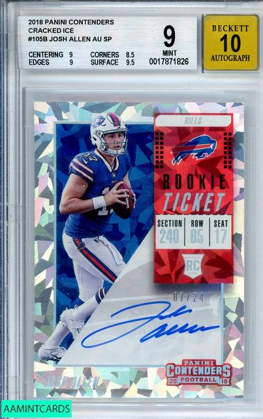 2018 PANINI CONTENDERS JOSH ALLEN#105B CRACKED ICE SP OF 24 RC BGS 9 AUTO 10 0017871826