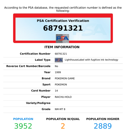 1999 POKEMON GAME RAICHU-HOLO #14 PSA 8 NM-MT 68791321