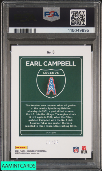 2024 DONRUSS OPTIC DOWNTOWN LEGENDS EARL CAMPBELL #3 BLACK PANDORA OF 25 PSA 10 115049895