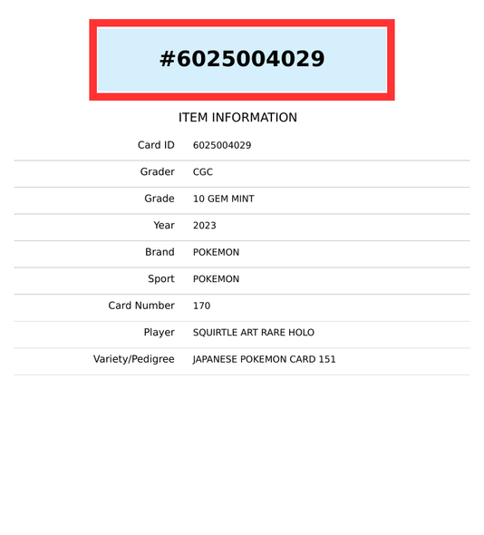 2023 POKEMON JP 151 SQUIRTLE #170 ART RARE HOLO CGC 10 GEM MINT 6025004029