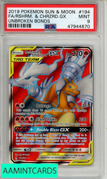 2019 POKEMON SUN MOON UNBROKEN BONDS RESHRM CHARIZARD GX #194 FA PSA 9 47944670