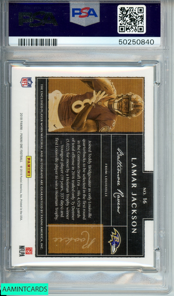 2018 PANINI ONE LAMAR JACKSON #16 PATCH AUTO OF 10-GOLD RC PSA 9 MINT 50250840