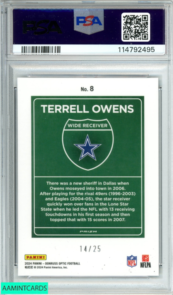 2024 DONRUSS OPTIC TERRELL OWENS #8 DOWNTOWN!-BLACK PANDORA OF 25 PSA 10 114792495