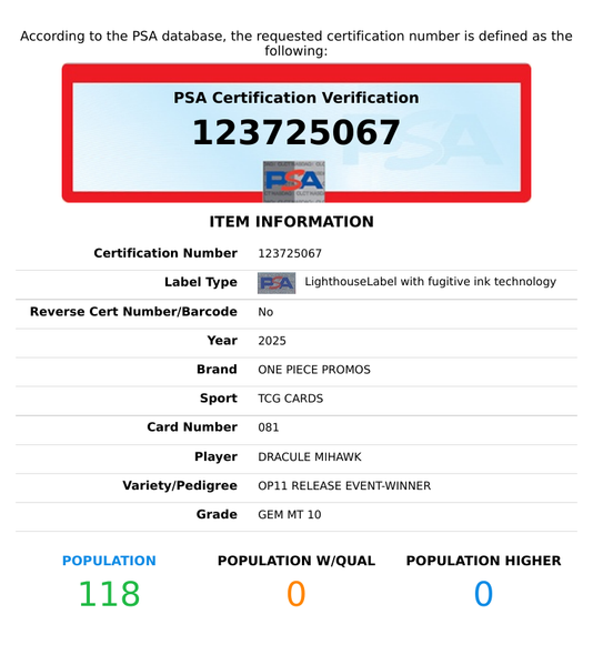 2025 ONE PIECE PROMOS DRACULE MIHAWK #081 OP11 RELEASE EVENT-WINNER PSA 10 123725067